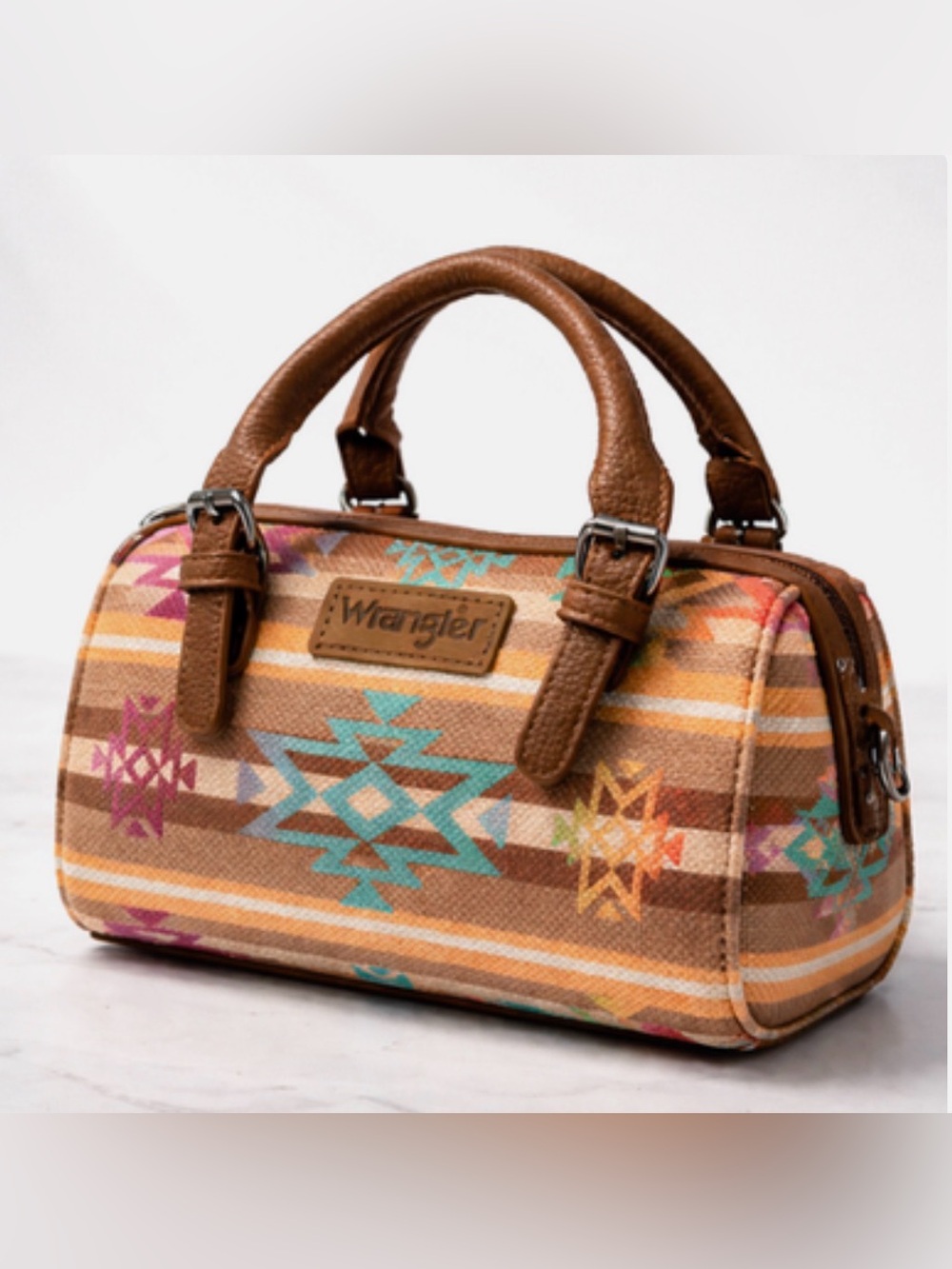 Wrangler Multicolor Aztec-Patterned Brown Canvas Satchel - Picture 1 of 9